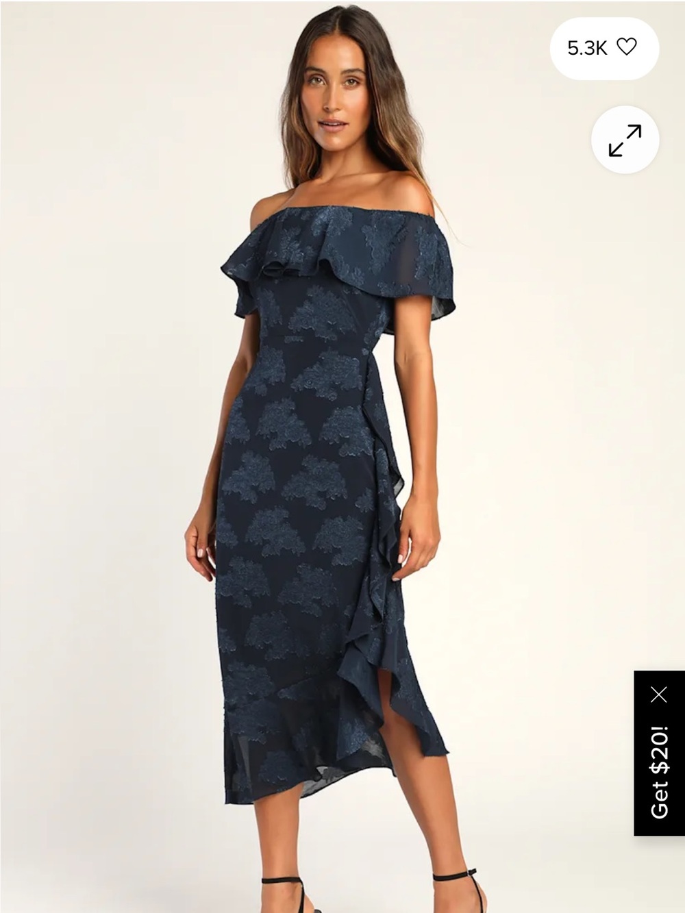 Lulus Pretty Perfect Navy Floral Burnout Off-The-Shoulder Midi Dress
